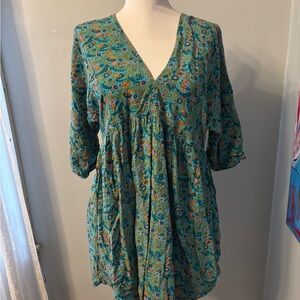 Natural life Stella v neck mini dress turquoise ditsy vines womens S